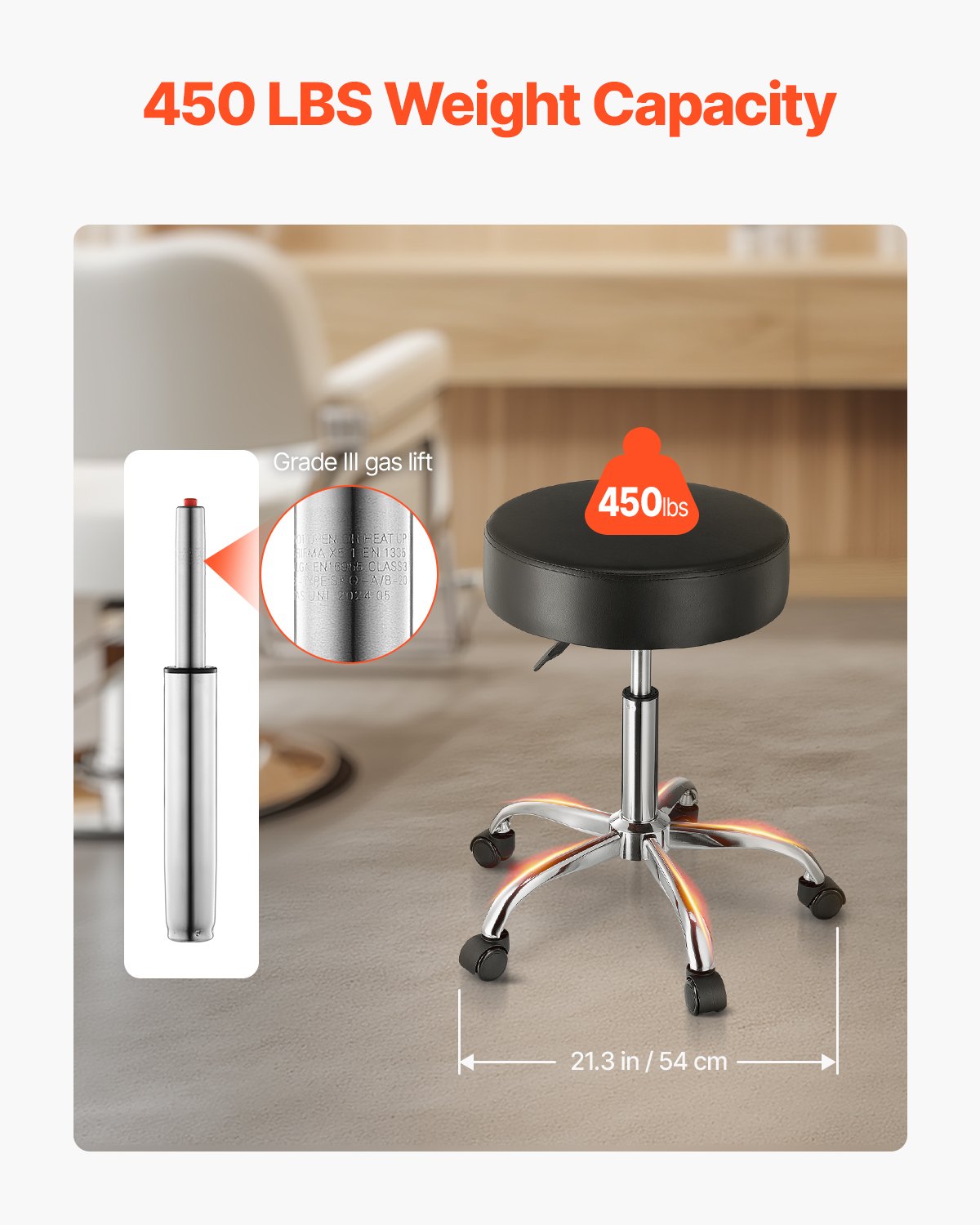 Rolling Stool with Wheels, 450 LBS Weight Capacity Round Rolling Stool Chair, Height Adjustable Thickened PU Leather Swivel Stool for Salon, Spa, Massage, Tattoo, Clinic, Black