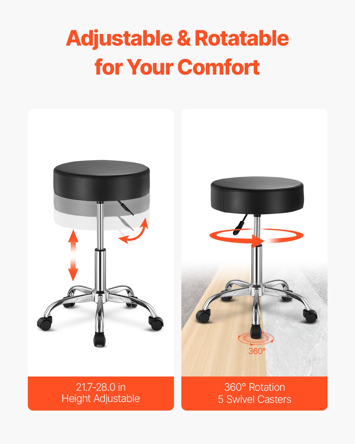 Rolling Stool with Wheels, 450 LBS Weight Capacity Round Rolling Stool Chair, Height Adjustable Thickened PU Leather Swivel Stool for Salon, Spa, Massage, Tattoo, Clinic, Black