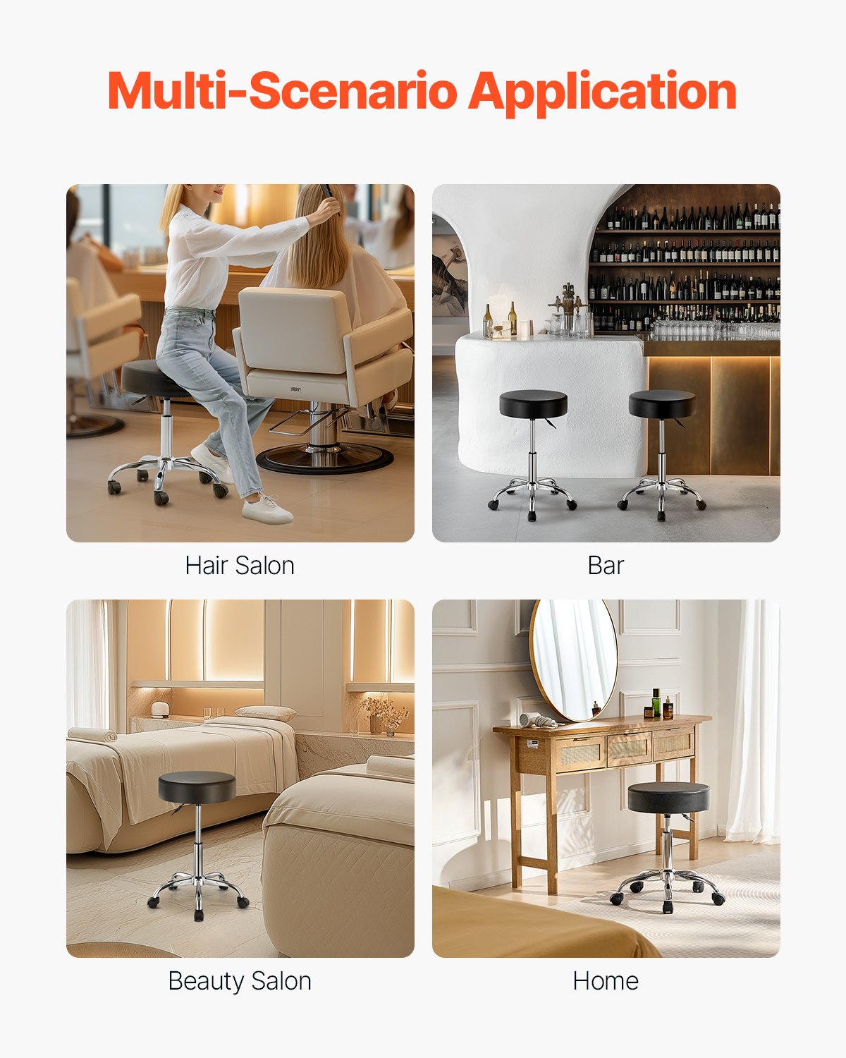 Rolling Stool with Wheels, 450 LBS Weight Capacity Round Rolling Stool Chair, Height Adjustable Thickened PU Leather Swivel Stool for Salon, Spa, Massage, Tattoo, Clinic, Black