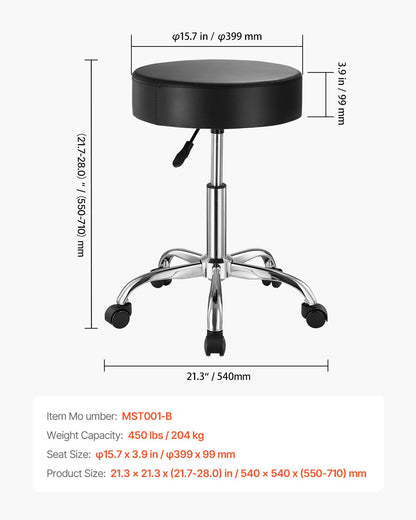 Rolling Stool with Wheels, 450 LBS Weight Capacity Round Rolling Stool Chair, Height Adjustable Thickened PU Leather Swivel Stool for Salon, Spa, Massage, Tattoo, Clinic, Black