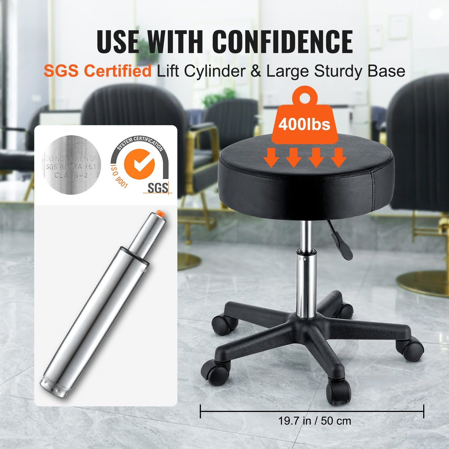 Rollhocker mit Rollen, Tragkraft 181,4 kg, höhenverstellbar, mit extra dickem Sitzkissen, drehbar, für Salon, Bar, Zuhause, Büro, Tattoo-Studio, Arztpraxis, Massage, Schwarz