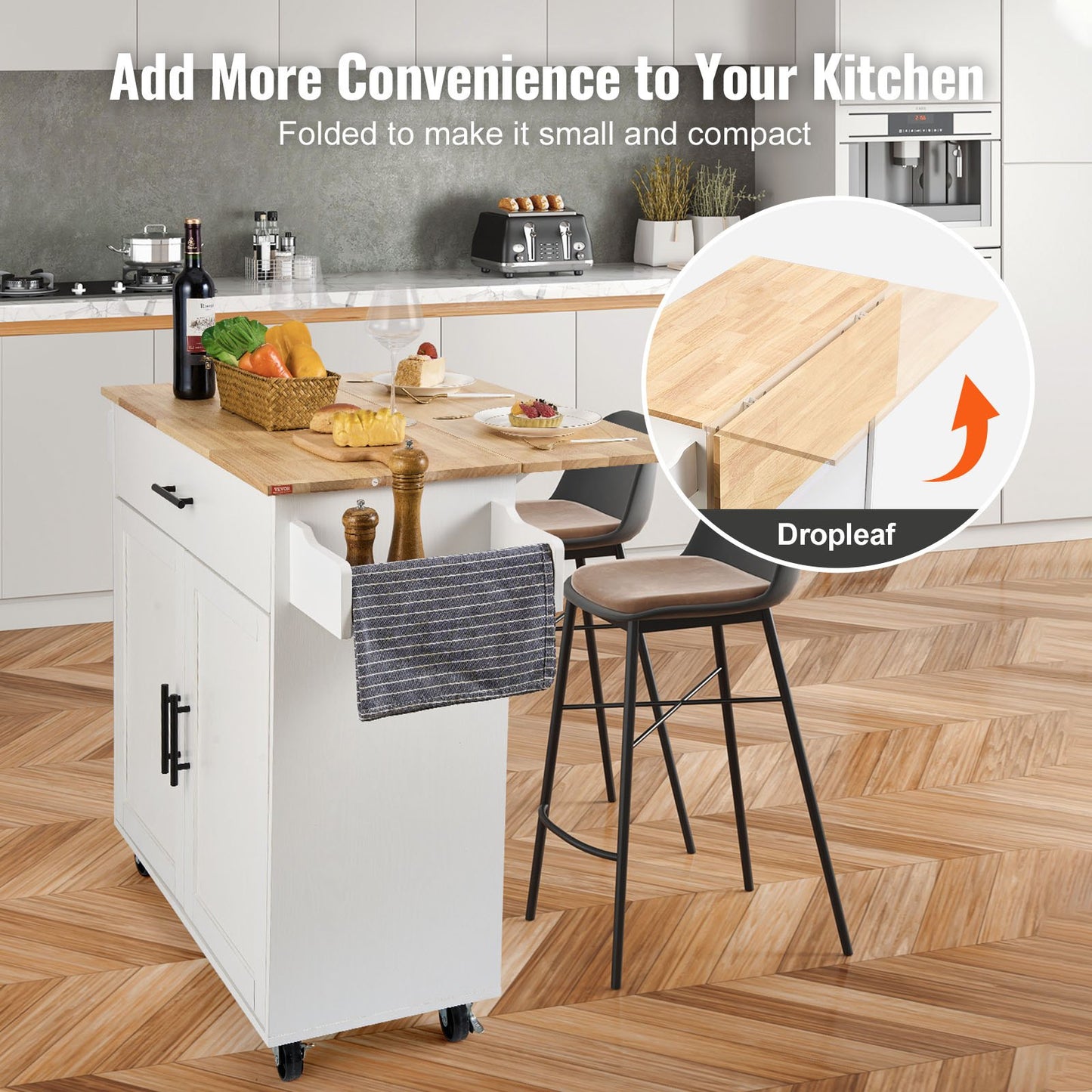 Kitchen Island Cart with Solid Wood Top, 90 cm Width Mobile Carts with Storage Cabinet, Rolling Kitchen Table with Spice Rack, Towel Rack, Drop Leaf and Drawer, Portable Islands on Wheels, White