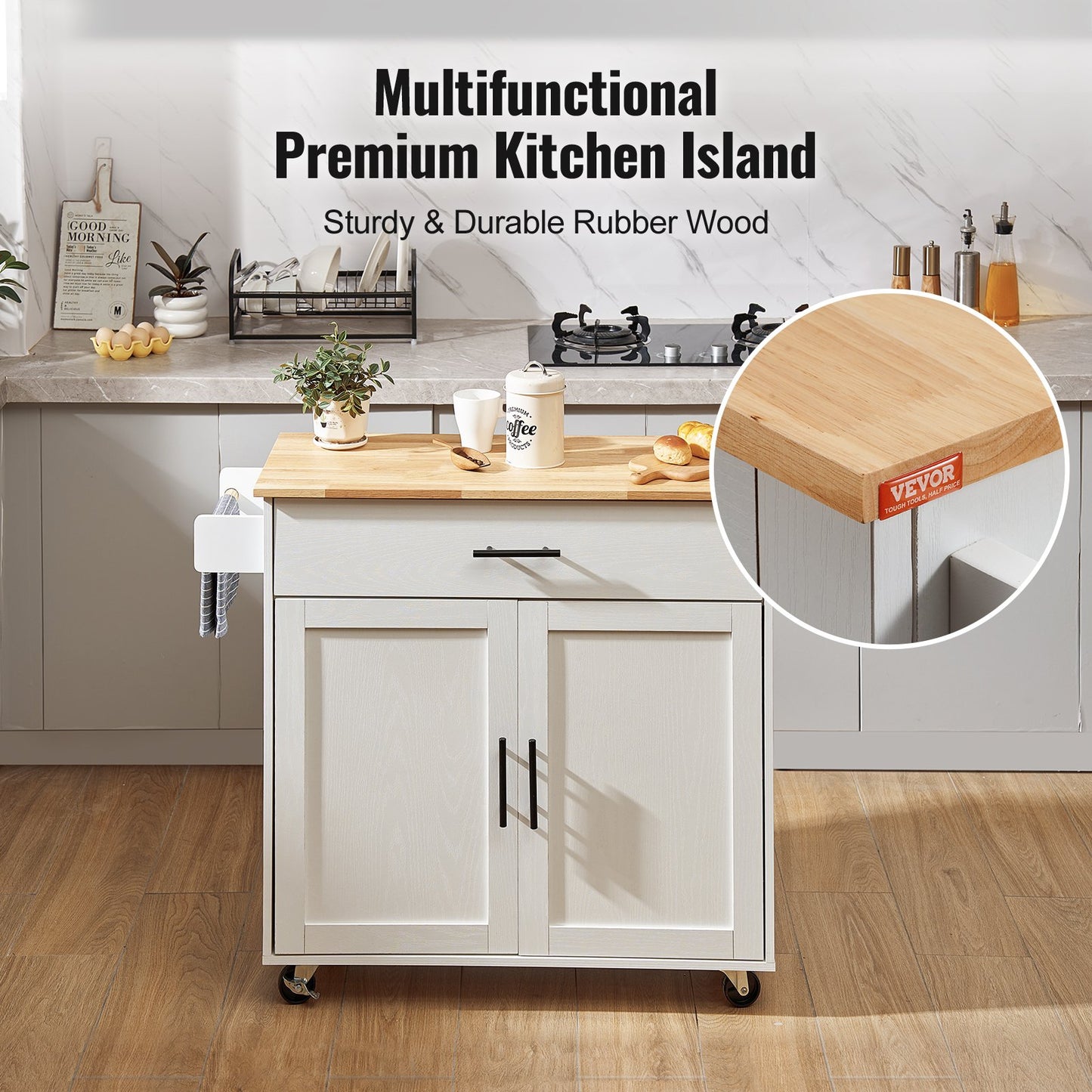 Kitchen Island Cart with Solid Wood Top, 90 cm Width Mobile Carts with Storage Cabinet, Rolling Kitchen Table with Spice Rack, Towel Rack, Drop Leaf and Drawer, Portable Islands on Wheels, White