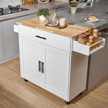 Kitchen Island Cart with Solid Wood Top, 90 cm Width Mobile Carts with Storage Cabinet, Rolling Kitchen Table with Spice Rack, Towel Rack, Drop Leaf and Drawer, Portable Islands on Wheels, White