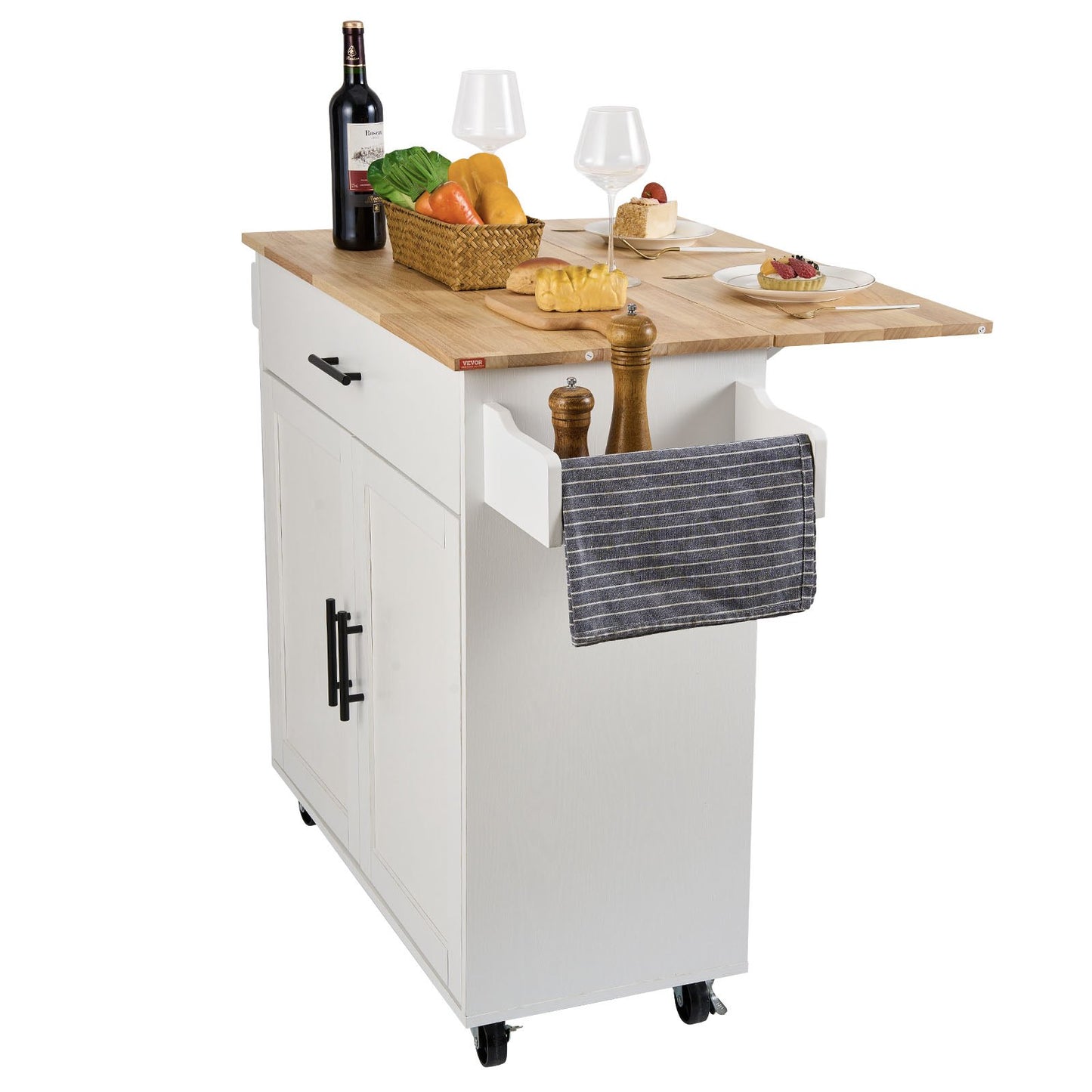 Kitchen Island Cart with Solid Wood Top, 90 cm Width Mobile Carts with Storage Cabinet, Rolling Kitchen Table with Spice Rack, Towel Rack, Drop Leaf and Drawer, Portable Islands on Wheels, White