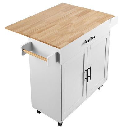 Kitchen Island Cart with Solid Wood Top, 90 cm Width Mobile Carts with Storage Cabinet, Rolling Kitchen Table with Spice Rack, Towel Rack, Drop Leaf and Drawer, Portable Islands on Wheels, White