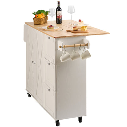 Kitchen Island Cart with Solid Wood Top, 115 cm Width Mobile Carts with Storage Cabinet, Rolling Kitchen Table with Spice Rack, Towel Rack, Drop Leaf and Drawer, Portable Islands on Wheels, White