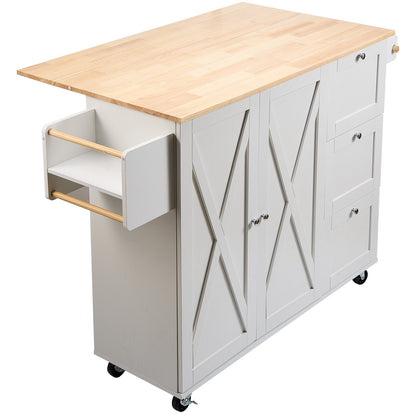 Kitchen Island Cart with Solid Wood Top, 115 cm Width Mobile Carts with Storage Cabinet, Rolling Kitchen Table with Spice Rack, Towel Rack, Drop Leaf and Drawer, Portable Islands on Wheels, White
