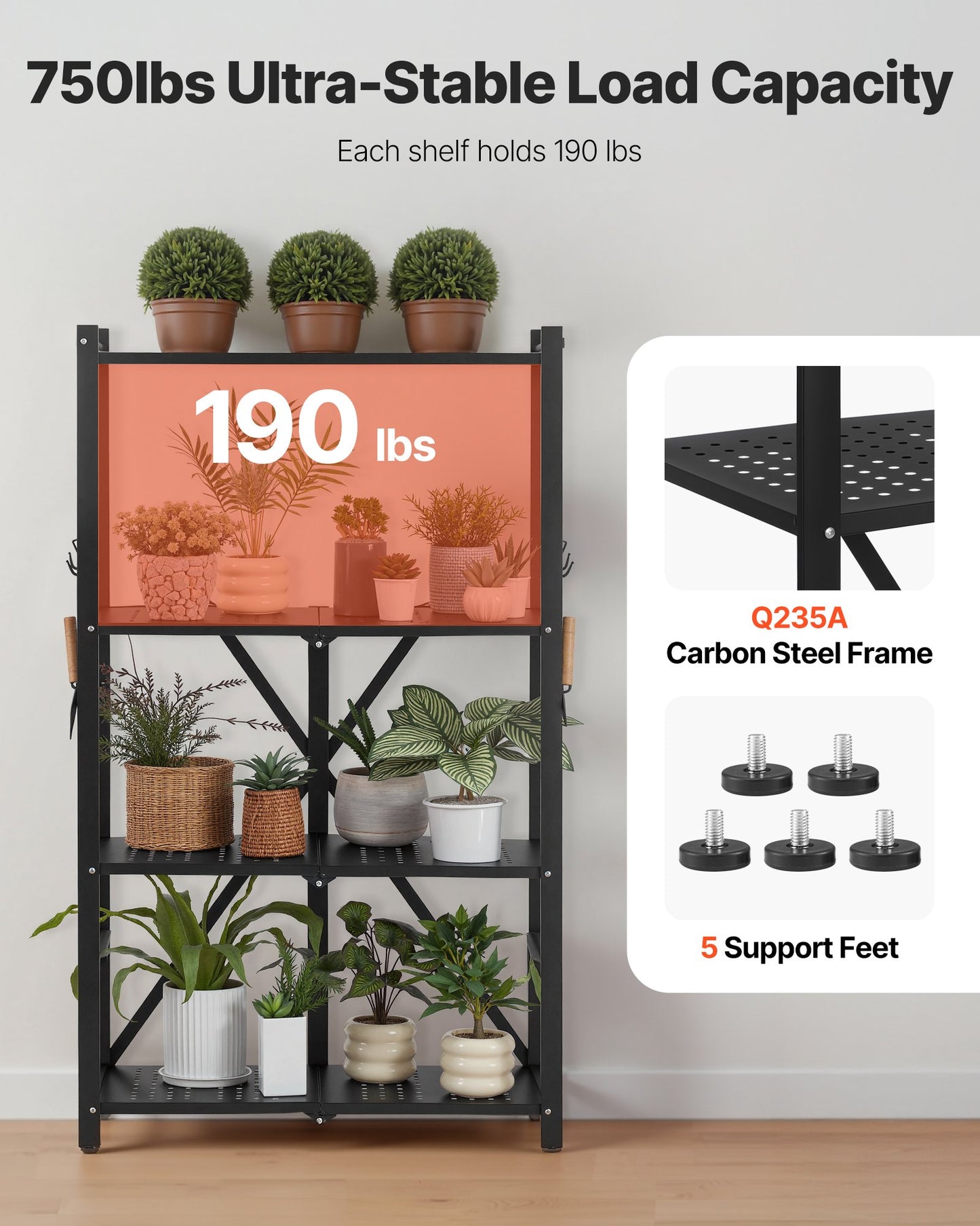 4-stöckiges, faltbares Aufbewahrungsregal, 66 x 33 x 117 cm (B x T x H), faltbares Metallregal, kein Aufbau erforderlich, mit 5 Rollen und 4 Haken für Speisekammer, Küche, Garage, Keller, Schwarz