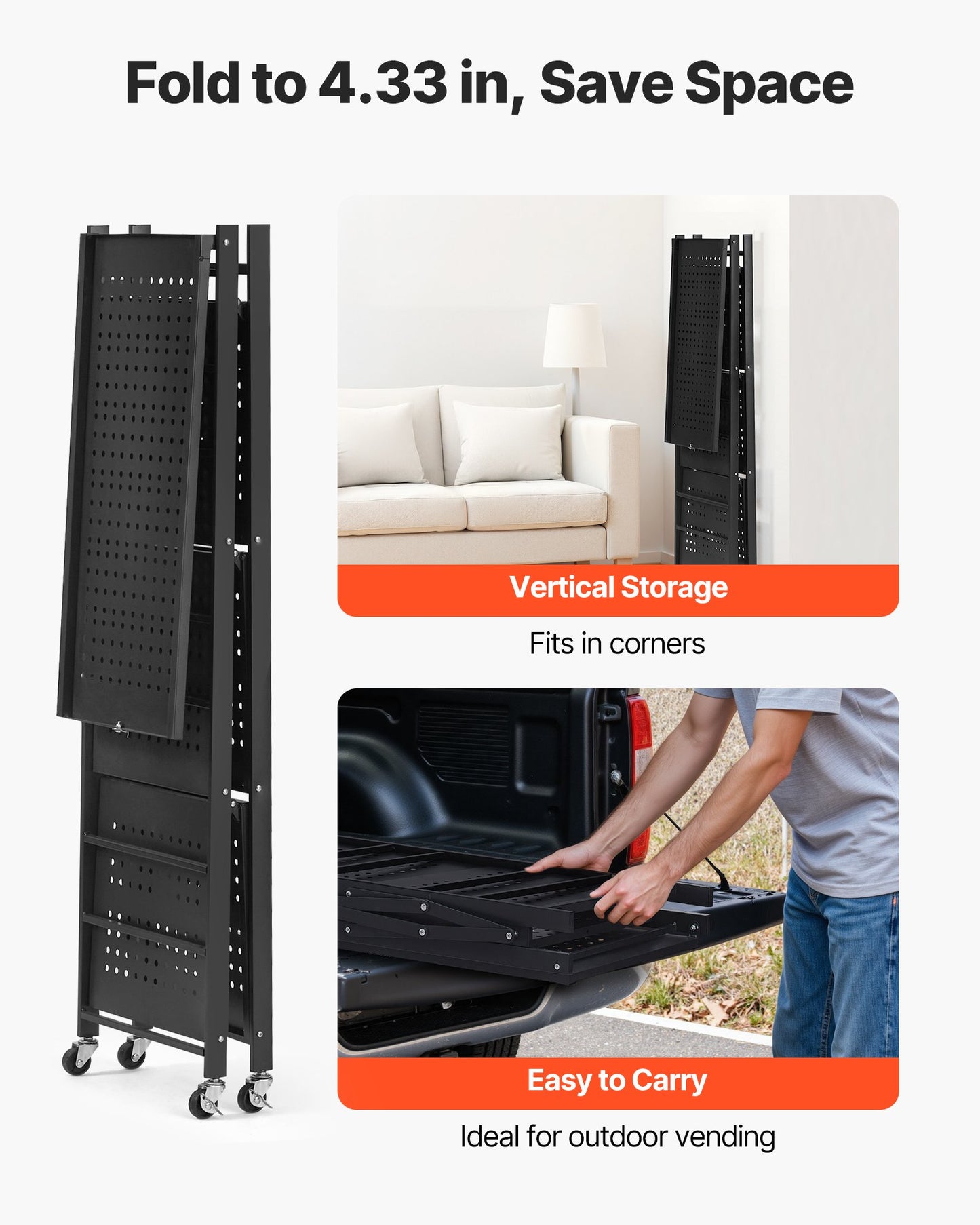 4-stöckiges, faltbares Aufbewahrungsregal, 66 x 33 x 117 cm (B x T x H), faltbares Metallregal, kein Aufbau erforderlich, mit 5 Rollen und 4 Haken für Speisekammer, Küche, Garage, Keller, Schwarz