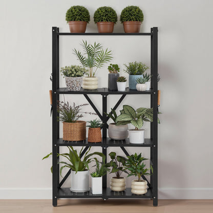 4-stöckiges, faltbares Aufbewahrungsregal, 66 x 33 x 117 cm (B x T x H), faltbares Metallregal, kein Aufbau erforderlich, mit 5 Rollen und 4 Haken für Speisekammer, Küche, Garage, Keller, Schwarz