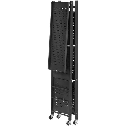 4-stöckiges, faltbares Aufbewahrungsregal, 66 x 33 x 117 cm (B x T x H), faltbares Metallregal, kein Aufbau erforderlich, mit 5 Rollen und 4 Haken für Speisekammer, Küche, Garage, Keller, Schwarz