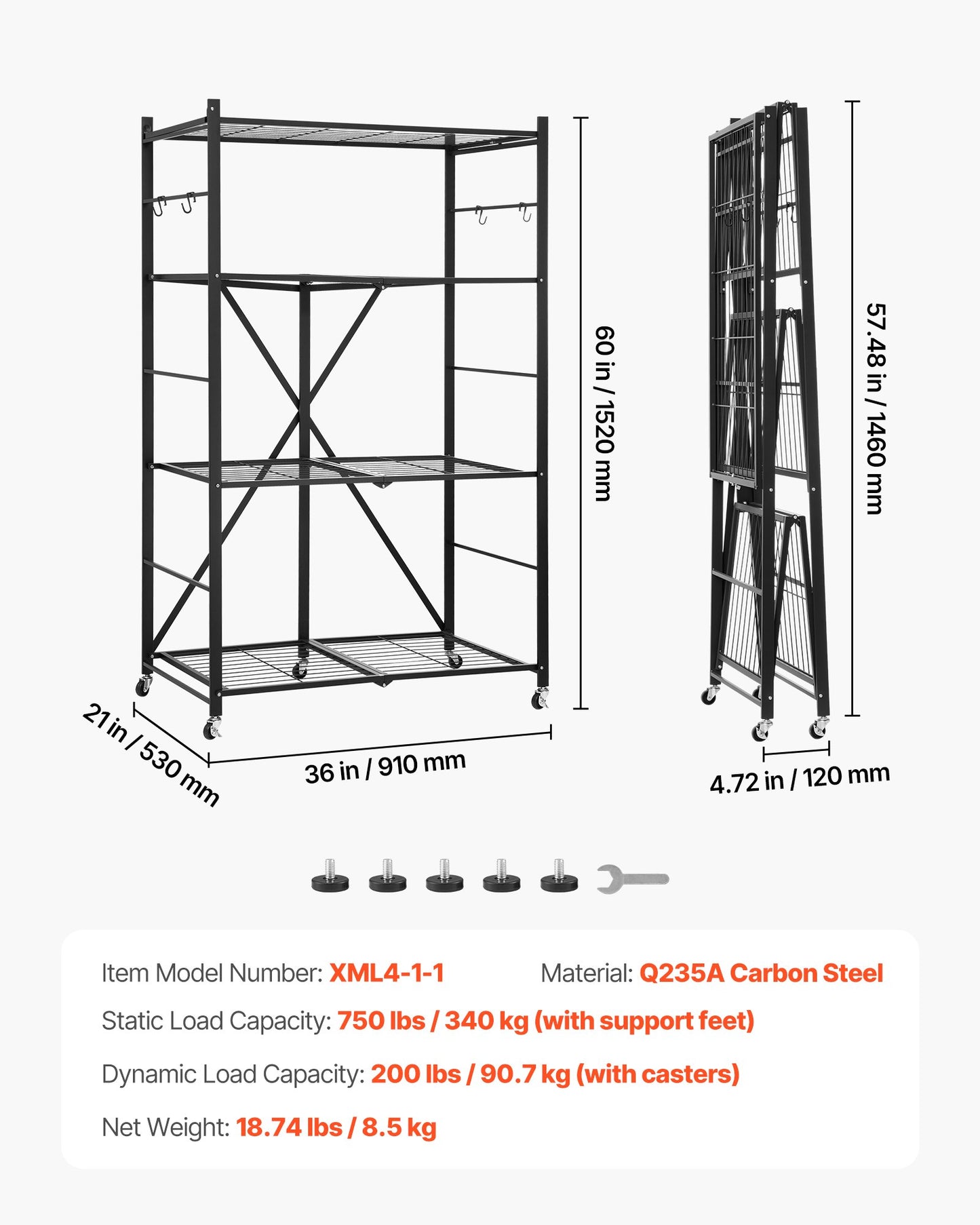 4-Tier Foldable Storage Shelf, 36W x 21D x 60H Inch Folding Metal Rack Shelving Unit, No Assembly Organizer Shelf with 5 Wheels & 4 Hooks for Pantry, Kitchen, Garage, Basement, Black