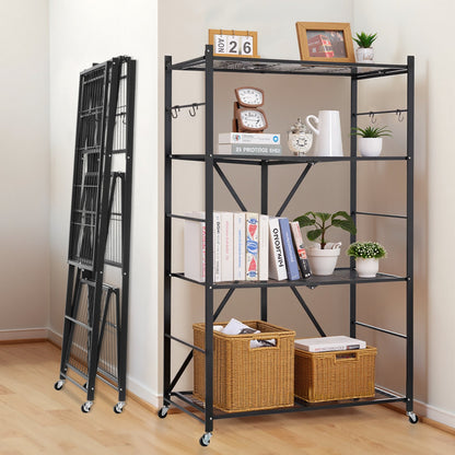 4-Tier Foldable Storage Shelf, 36W x 21D x 60H Inch Folding Metal Rack Shelving Unit, No Assembly Organizer Shelf with 5 Wheels & 4 Hooks for Pantry, Kitchen, Garage, Basement, Black