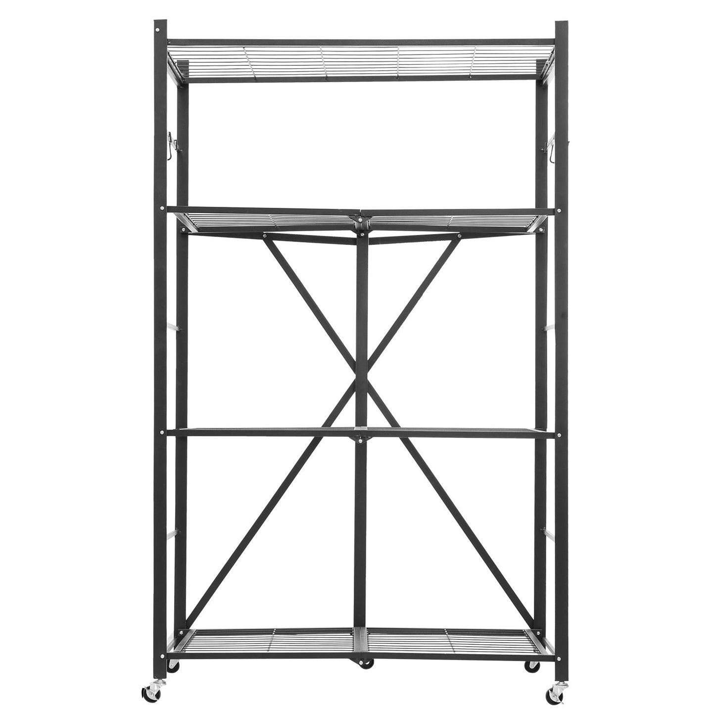 4-Tier Foldable Storage Shelf, 36W x 21D x 60H Inch Folding Metal Rack Shelving Unit, No Assembly Organizer Shelf with 5 Wheels & 4 Hooks for Pantry, Kitchen, Garage, Basement, Black