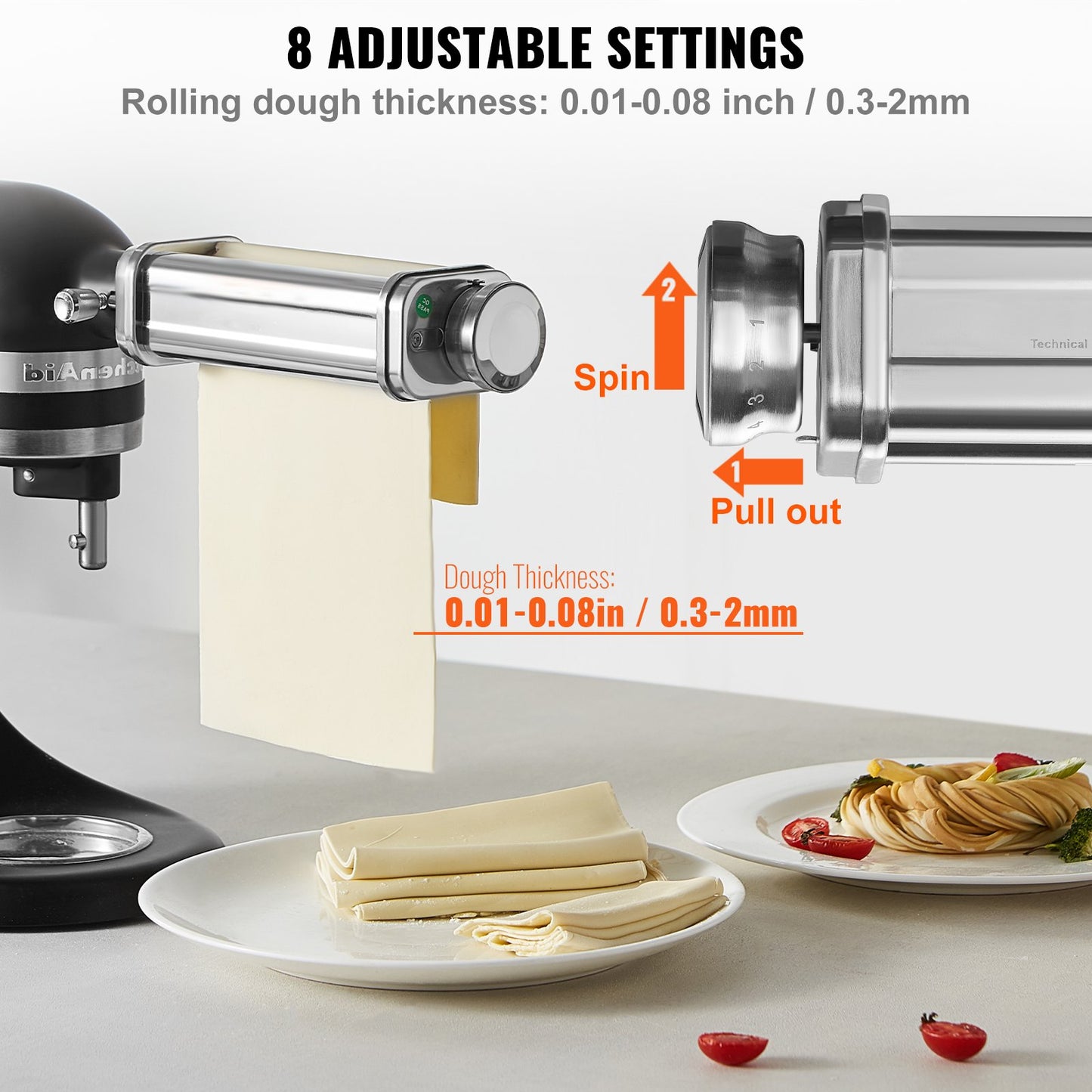 Nudelaufsatz für KitchenAid Küchenmaschinen, Nudelwalzenaufsatz aus Edelstahl, Zubehör für Nudelmaschinen mit 8 einstellbaren Dickenstufen, KitchenAid Nudelaufsatz von