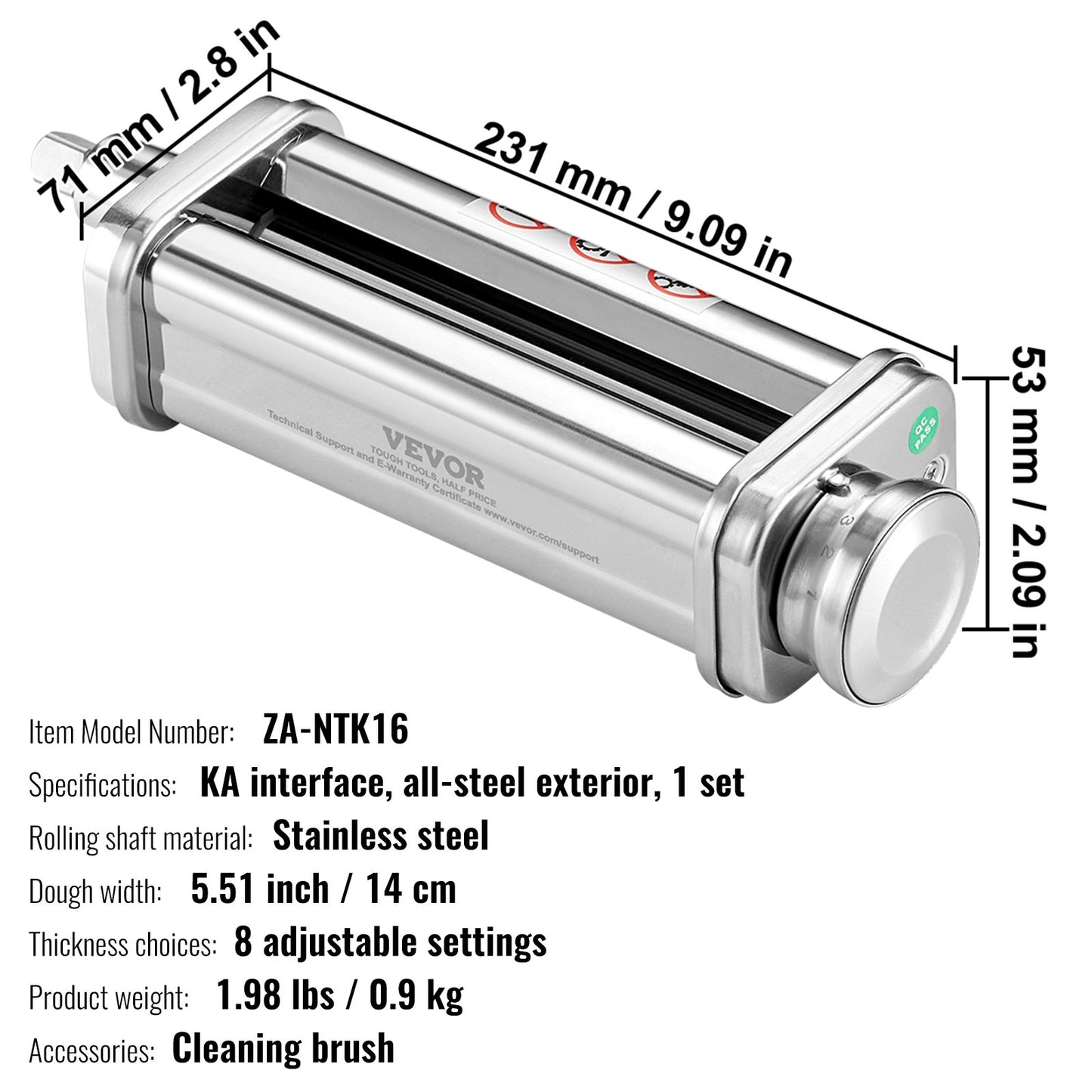 Nudelaufsatz für KitchenAid Küchenmaschinen, Nudelwalzenaufsatz aus Edelstahl, Zubehör für Nudelmaschinen mit 8 einstellbaren Dickenstufen, KitchenAid Nudelaufsatz von