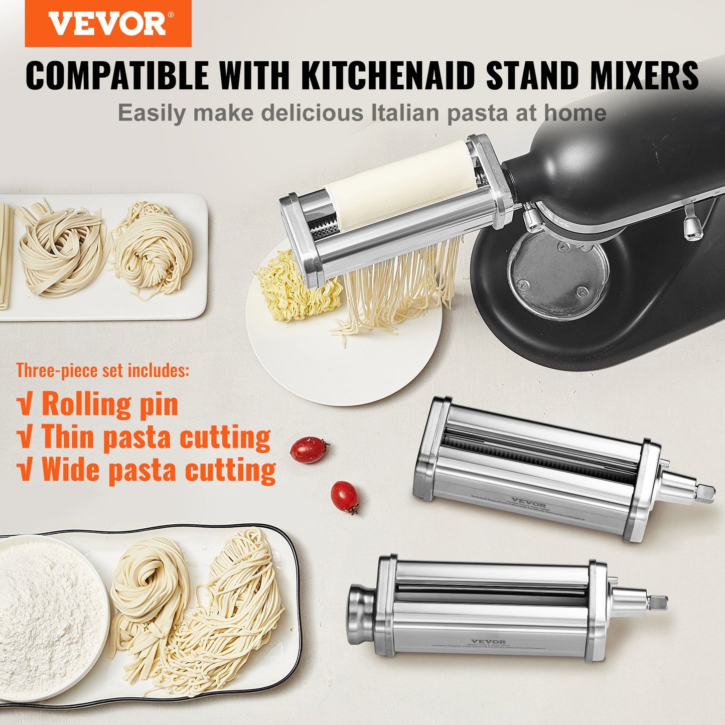 Nudelaufsatz für KitchenAid Küchenmaschine, Edelstahl-Nudelwalzen-Set inklusive Nudelplattenwalze, Spaghetti- und Fettuccine-Schneider, Nudelmaschine mit 8 einstellbaren Dickenstufen, 3-teilig