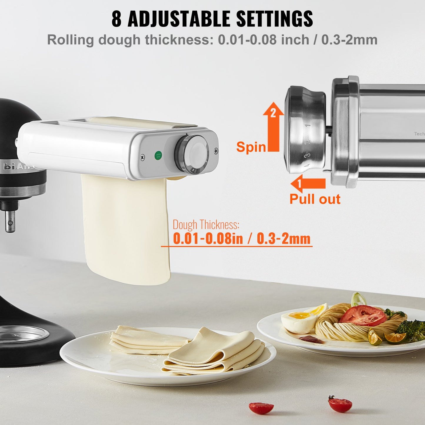 Nudelaufsatz für KitchenAid Küchenmaschine, 3-in-1-Nudelwalzen-Set aus Edelstahl inklusive Nudelplattenwalze, Spaghetti- und Fettuccine-Schneider, Nudelmaschine mit 8 einstellbaren Dickenstufen