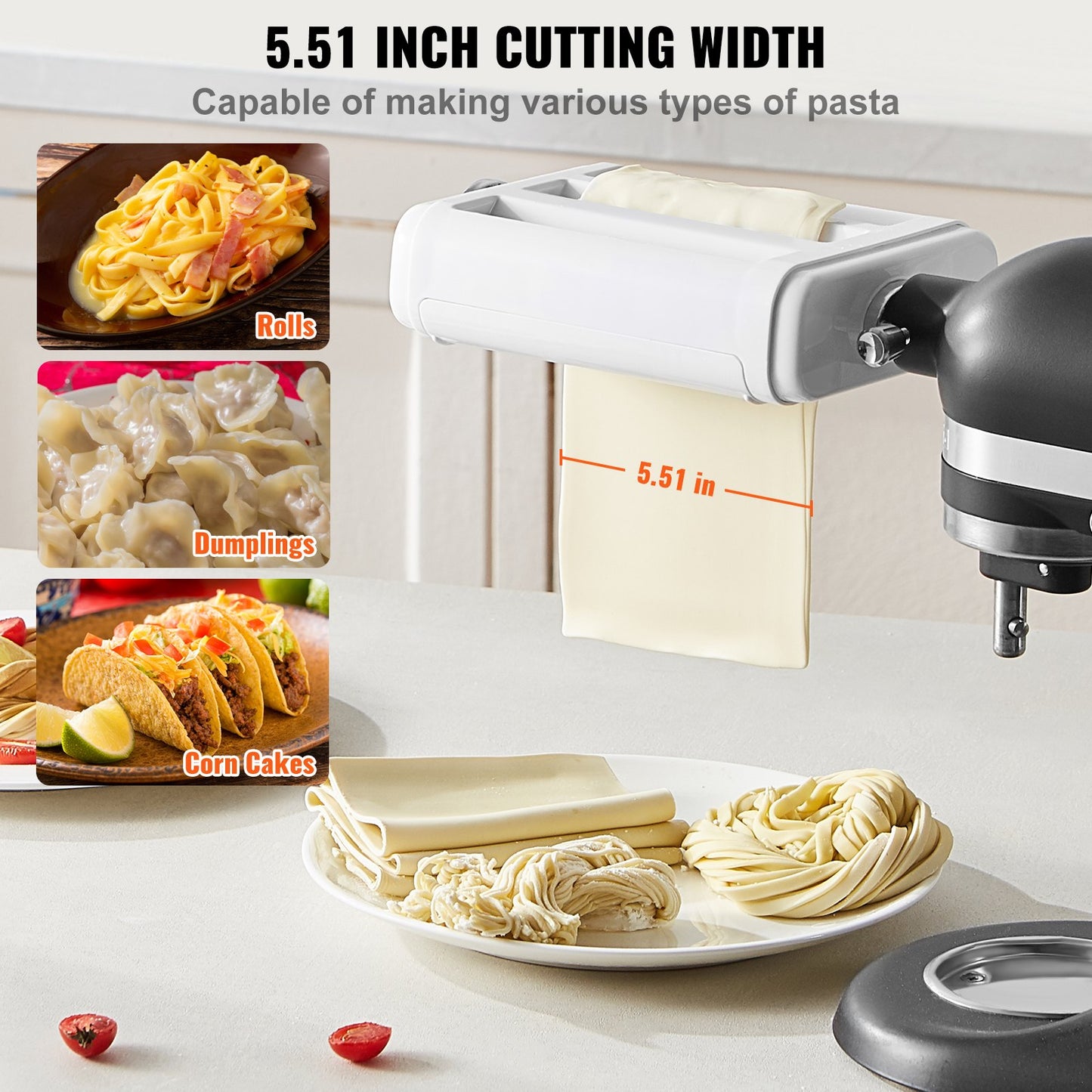 Nudelaufsatz für KitchenAid Küchenmaschine, 3-in-1-Nudelwalzen-Set aus Edelstahl inklusive Nudelplattenwalze, Spaghetti- und Fettuccine-Schneider, Nudelmaschine mit 8 einstellbaren Dickenstufen