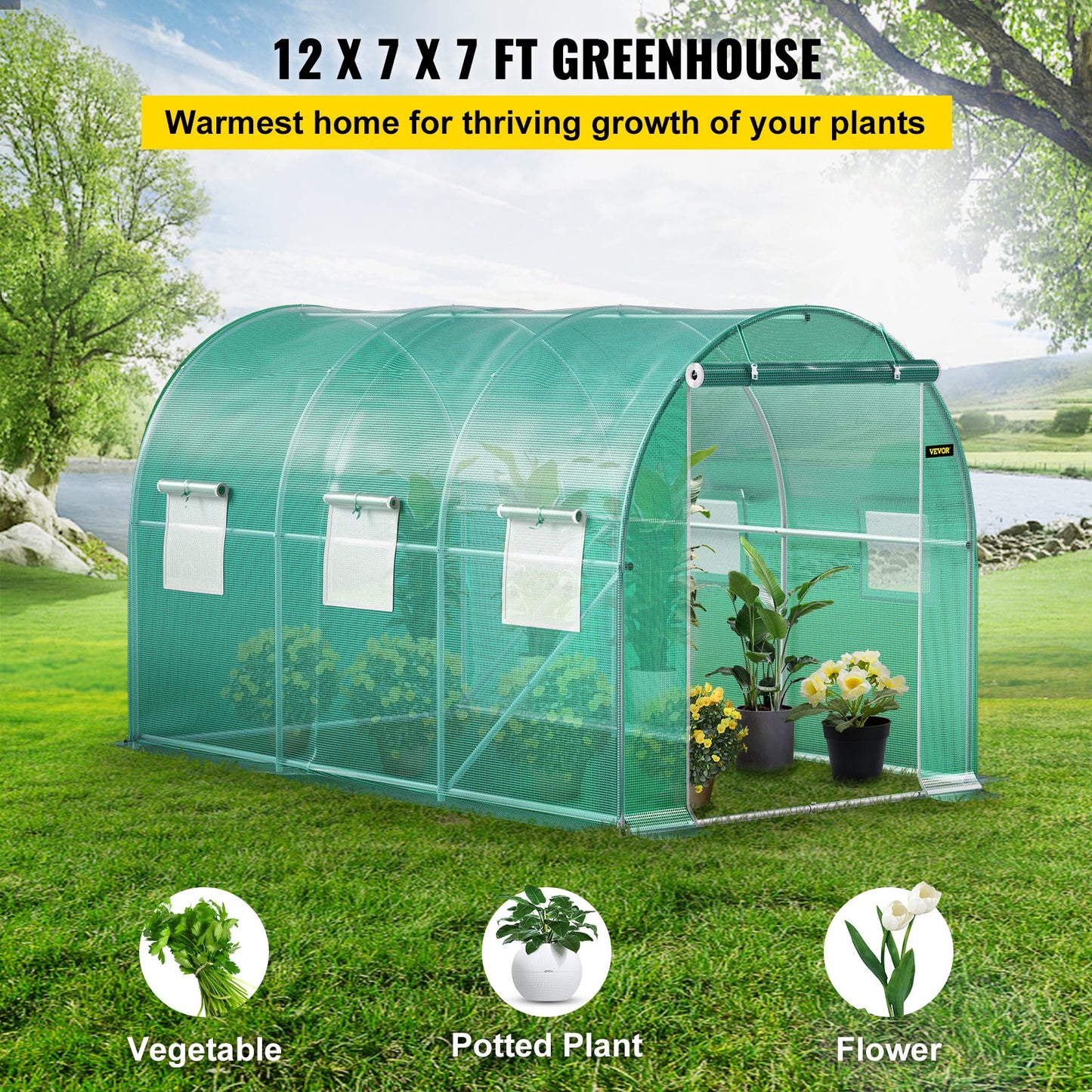 Walk-in Tunnel Greenhouse, 3.6 x 2 x 2 m/ 12 x 7 x 7 ft Portable Plant Hot House w/ Galvanized Steel Hoops, 1 Top Beams, 2 Diagonal Poles, 2 Zippered Doors & 6 Roll-up Windows, Green