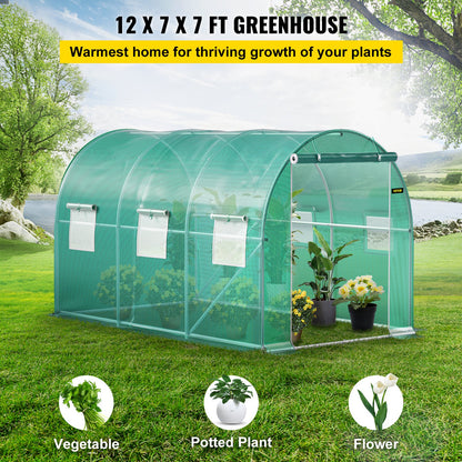Walk-in Tunnel Greenhouse, 3.6 x 2 x 2 m/ 12 x 7 x 7 ft Portable Plant Hot House w/ Galvanized Steel Hoops, 1 Top Beams, 2 Diagonal Poles, 2 Zippered Doors & 6 Roll-up Windows, Green
