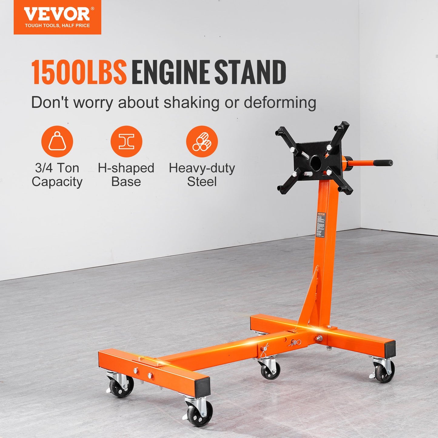 Engine Stand, 1500 lbs (3/4 Ton) Rotating Engine Motor Stand with 360 Degree Adjustable Head, Cast Iron Folding Motor Hoist Dolly, 5-Caster, 4 Adjustable Arms, for Vehicle Maintenance