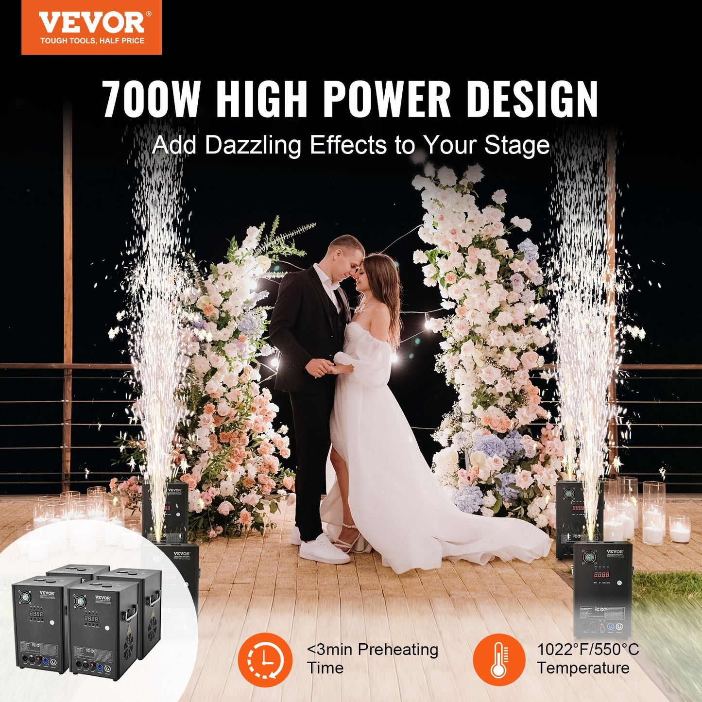 Cold Spark Machine, 4 Pack 700W Output Fireworks Controllers, 6.6-16.4ft Adjustable Height, with Advanced DMX System,LED Screen,Portable Handle, Aluminum Alloy for Stage DJ Wedding Event,Party