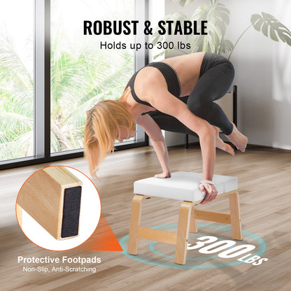 Yoga Headstand Bench, 300 lbs Capacity Yoga Inversion Chair for Family Gym, Headstand Trainer with Wood Frame & PU Pad, Stand Yoga Stool for Strength Balance Training, Relieve Fatigue, White