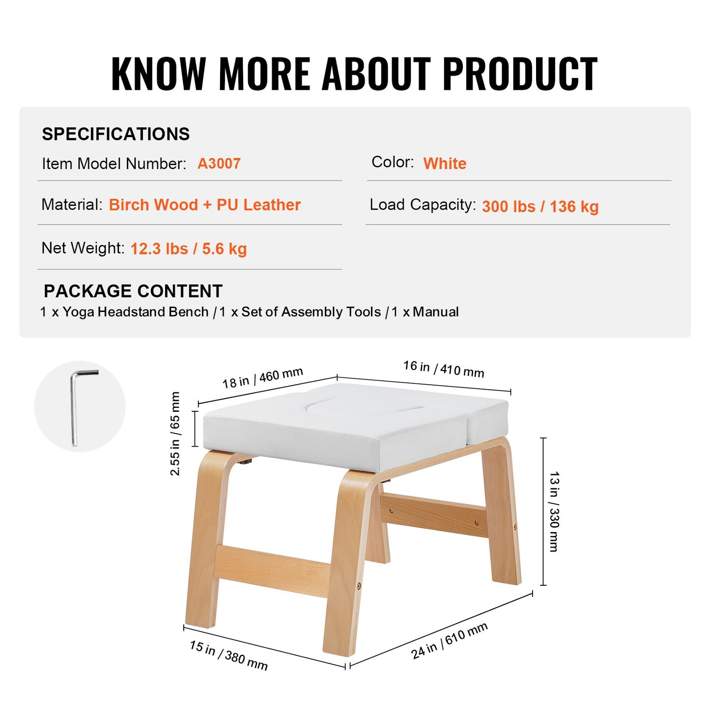 Yoga Headstand Bench, 300 lbs Capacity Yoga Inversion Chair for Family Gym, Headstand Trainer with Wood Frame & PU Pad, Stand Yoga Stool for Strength Balance Training, Relieve Fatigue, White