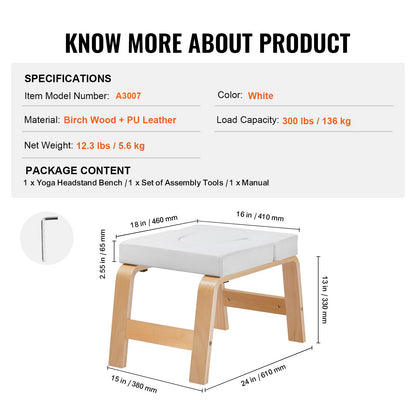 Yoga Headstand Bench, 300 lbs Capacity Yoga Inversion Chair for Family Gym, Headstand Trainer with Wood Frame & PU Pad, Stand Yoga Stool for Strength Balance Training, Relieve Fatigue, White