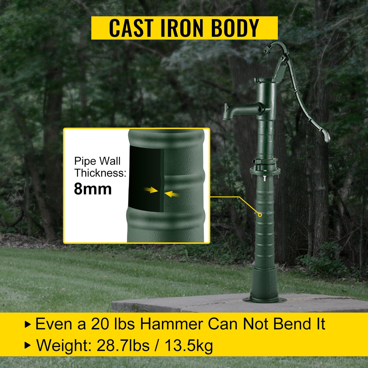Antiker Handpumpenständer aus Gusseisen mit vorgebohrten 13-mm-Löchern (0,5 Zoll) für einfache Montage. Dieser altmodische Handpumpenständer eignet sich für Haus, Hof, Teich, Garten und den Außenbereich.