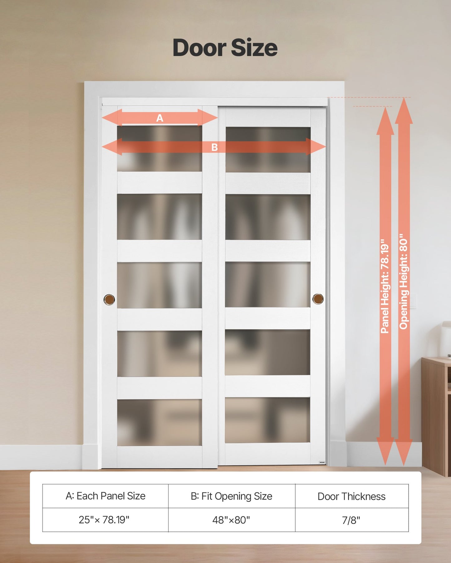 Sliding Closet Door, 1219mm (Double 635mm) x 2032 mm, 5-Lite Frosted Glass Bypass Sliding Doors with Hardware Kit, Solid Wood & MDF Slab with Waterproof PVC Surface for Closets Bedrooms