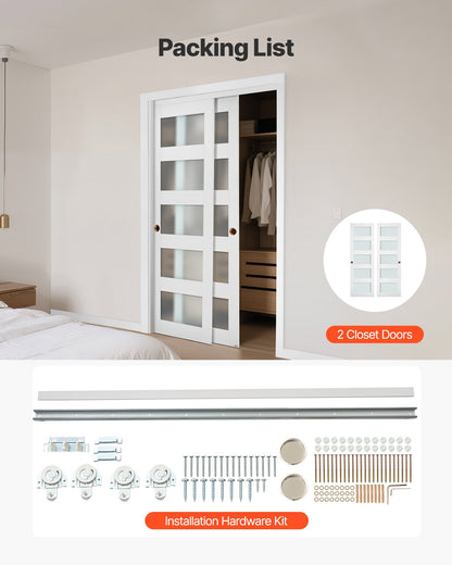 Sliding Closet Door, 1219mm (Double 635mm) x 2032 mm, 5-Lite Frosted Glass Bypass Sliding Doors with Hardware Kit, Solid Wood & MDF Slab with Waterproof PVC Surface for Closets Bedrooms