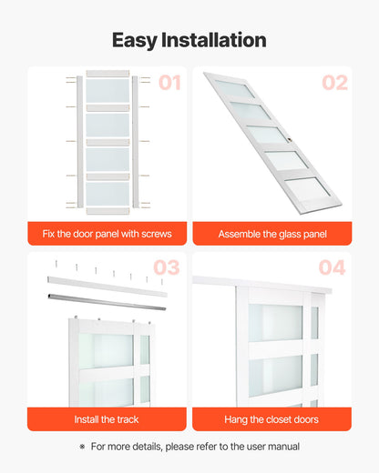 Sliding Closet Door, 1219mm (Double 635mm) x 2032 mm, 5-Lite Frosted Glass Bypass Sliding Doors with Hardware Kit, Solid Wood & MDF Slab with Waterproof PVC Surface for Closets Bedrooms