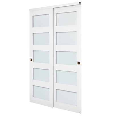 Sliding Closet Door, 1219mm (Double 635mm) x 2032 mm, 5-Lite Frosted Glass Bypass Sliding Doors with Hardware Kit, Solid Wood & MDF Slab with Waterproof PVC Surface for Closets Bedrooms