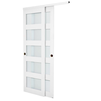 Sliding Closet Door, 1219mm (Double 635mm) x 2032 mm, 5-Lite Frosted Glass Bypass Sliding Doors with Hardware Kit, Solid Wood & MDF Slab with Waterproof PVC Surface for Closets Bedrooms