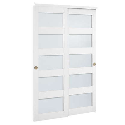 Sliding Closet Door, 1219mm (Double 635mm) x 2032 mm, 5-Lite Frosted Glass Bypass Sliding Doors with Hardware Kit, Solid Wood & MDF Slab with Waterproof PVC Surface for Closets Bedrooms