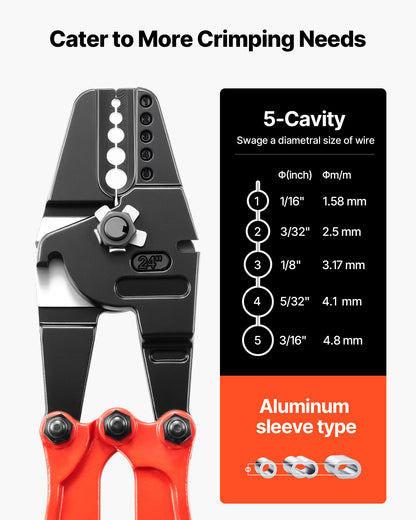 24-Zoll-Hand-Presszange mit 5 Öffnungen (1/16 bis 3/16 Zoll) zum Pressen von Kupfer- und Aluminium-Ovalhülsen und -Stopphülsen, Drahtseil-Presszange, Propress-Presszange mit langem Griff, arbeitssparend