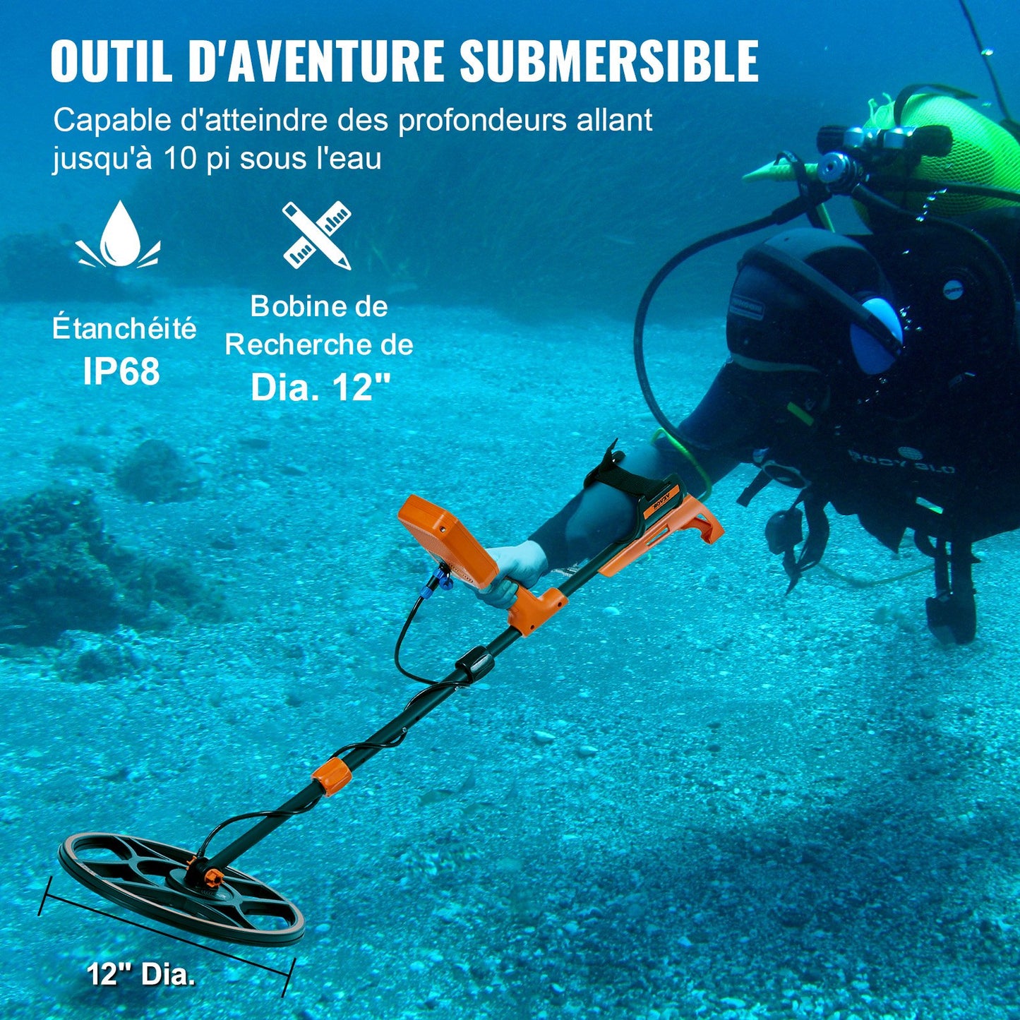 Wasserdichter Metalldetektor, 30,5 cm Suchspule, professioneller, wiederaufladbarer Golddetektor, Suchbereich einstellbar von 99 bis 127 cm, LCD-Display mit 7 Modi, fortschrittlicher DSP-Chip, Bluetooth-Headset, Schutzart IP68 für die Goldsuche