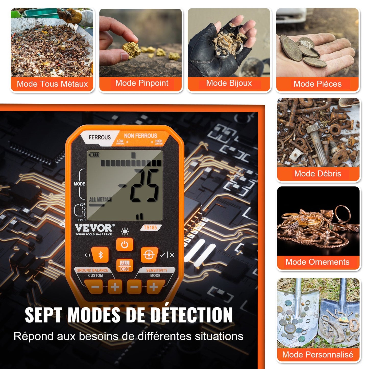 Wasserdichter Metalldetektor, 30,5 cm Suchspule, professioneller, wiederaufladbarer Golddetektor, Suchbereich einstellbar von 99 bis 127 cm, LCD-Display mit 7 Modi, fortschrittlicher DSP-Chip, Bluetooth-Headset, Schutzart IP68 für die Goldsuche