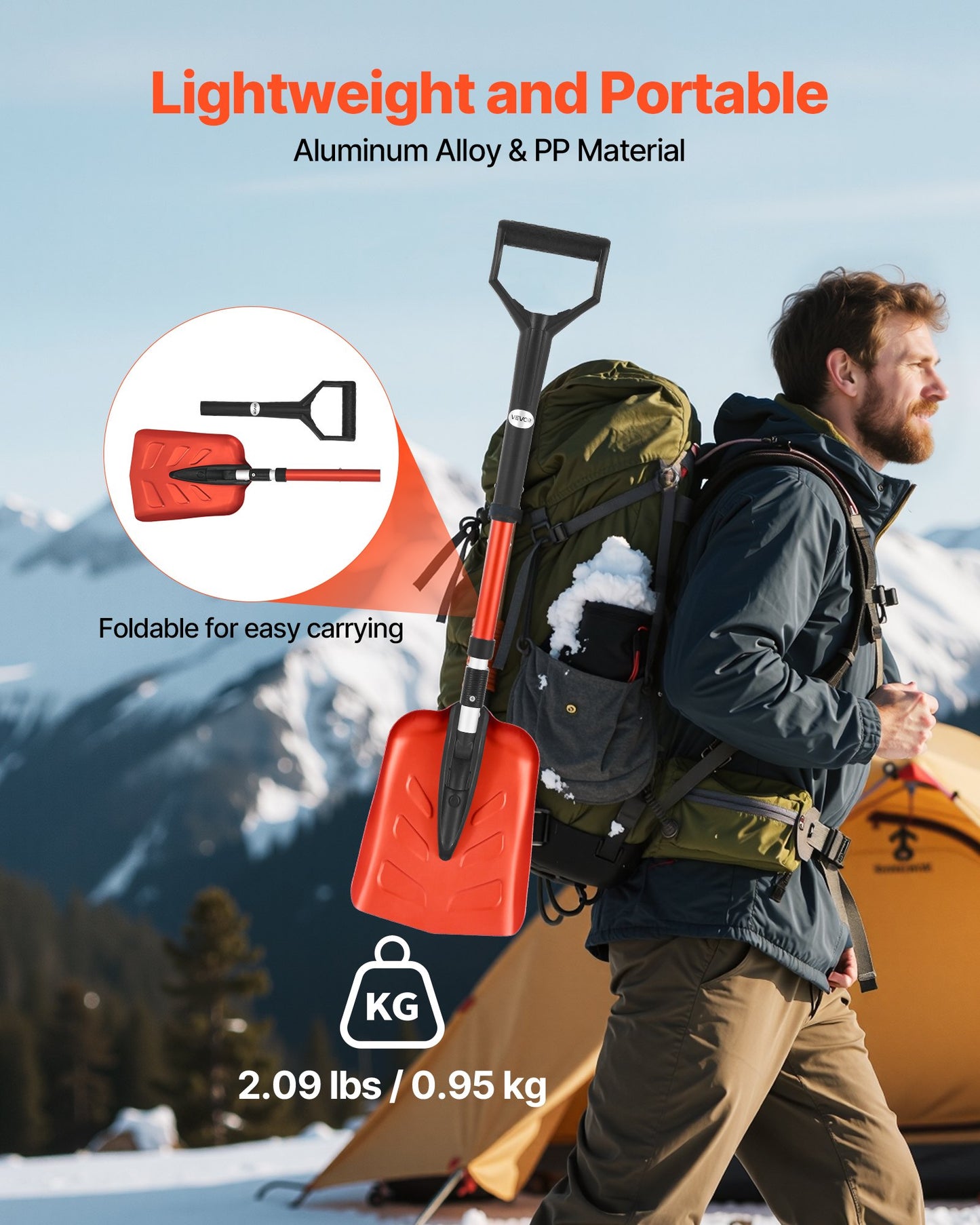 Schneeschaufel für die Einfahrt, 22 cm faltbare Schneeschaufel mit D-förmigem Griff, 36–40 Zoll verstellbar, leichtes Schneeräumwerkzeug aus Aluminiumlegierung, reduziert Rückenbelastungen beim Garten, Auto und Camping