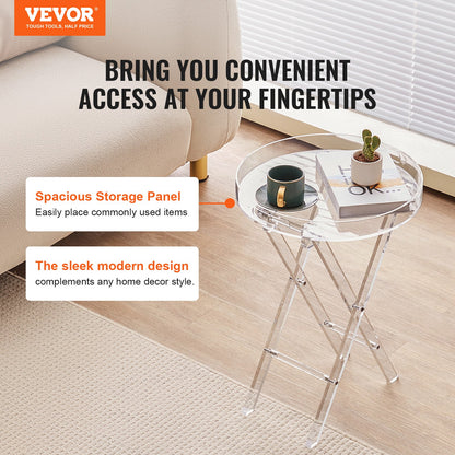 Acrylic Folding Tray Table, Acrylic End Table with Folding X Leg, Clear Acrylic Side Table for Coffee, Drink, Food, Snack used in Living Room, Bedroom, and Study