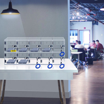 Handy-Aufbewahrungsschrank, 10 Fächer, Acrylmaterial mit Türschlössern und Schlüsseln, Wandmontage, Schranktasche, Büro, Klassenzimmer, Turnhalle, transparent