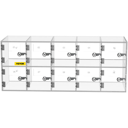 Handy-Aufbewahrungsschrank, 10 Fächer, Acrylmaterial mit Türschlössern und Schlüsseln, Wandmontage, Schranktasche, Büro, Klassenzimmer, Turnhalle, transparent