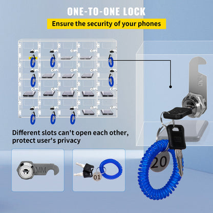 Handy-Aufbewahrungsschrank, 20 Fächer, Acrylmaterial mit Türschlössern und Schlüsseln, Wandmontage, Schranktasche, Büro, Klassenzimmer, Turnhalle, transparent