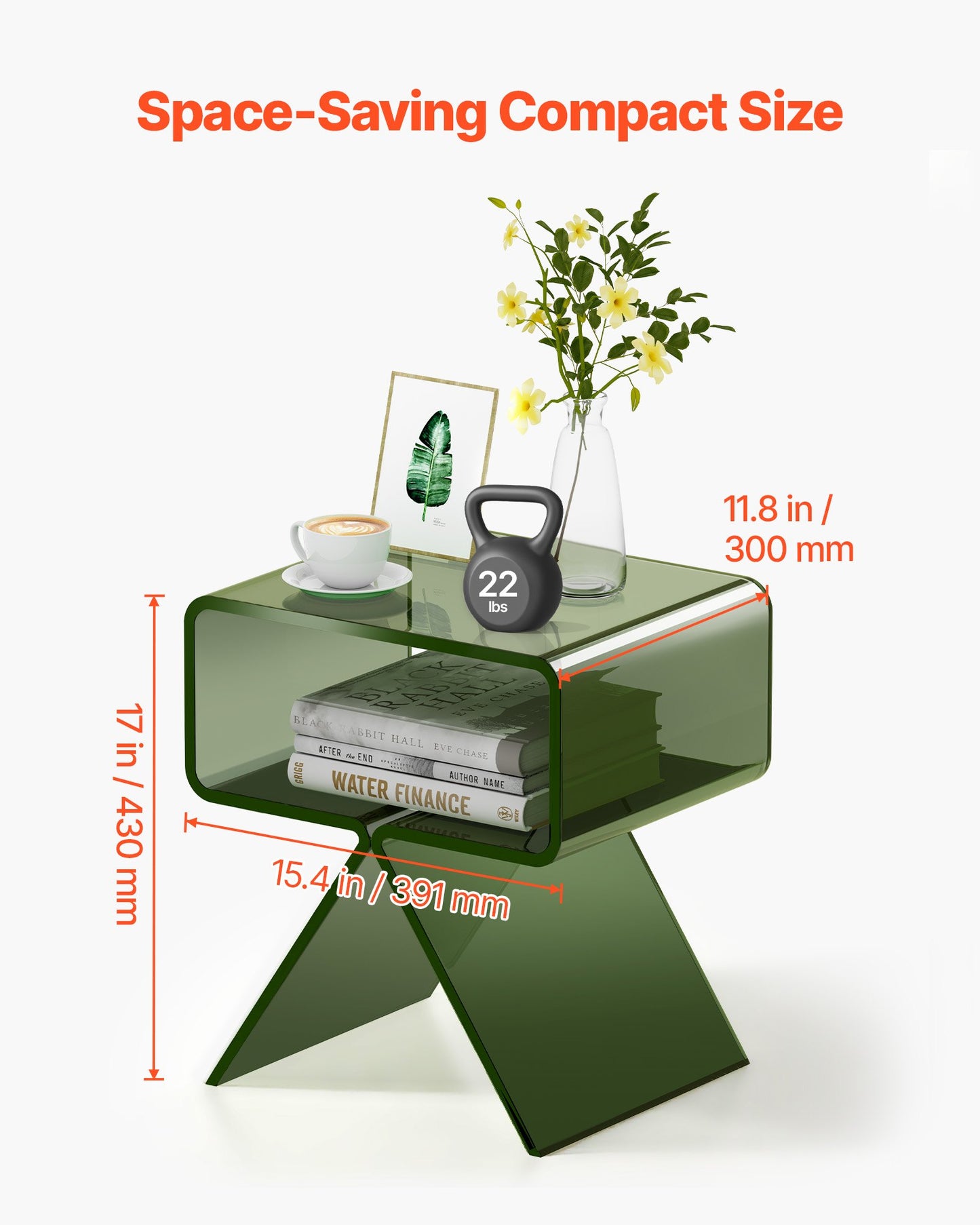 Nachttisch aus Acryl, moderner, transparenter Nachttisch mit Ablagefach, kleiner Beistelltisch für Wohnzimmer, Schlafzimmer, Wohnaccessoires, keine Montage erforderlich, 30 x 39,1 x 43 cm (Grün)