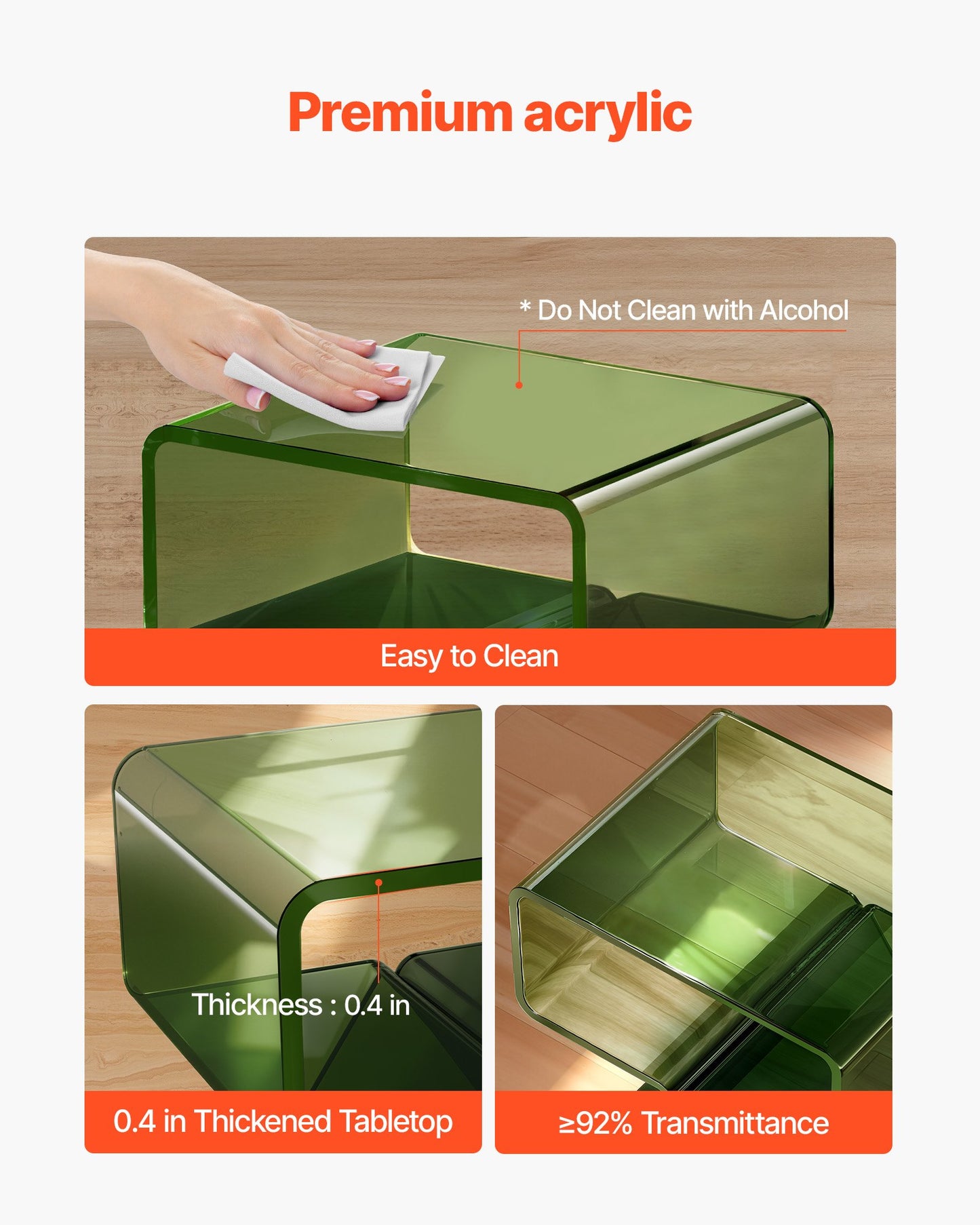 Nachttisch aus Acryl, moderner, transparenter Nachttisch mit Ablagefach, kleiner Beistelltisch für Wohnzimmer, Schlafzimmer, Wohnaccessoires, keine Montage erforderlich, 30 x 39,1 x 43 cm (Grün)