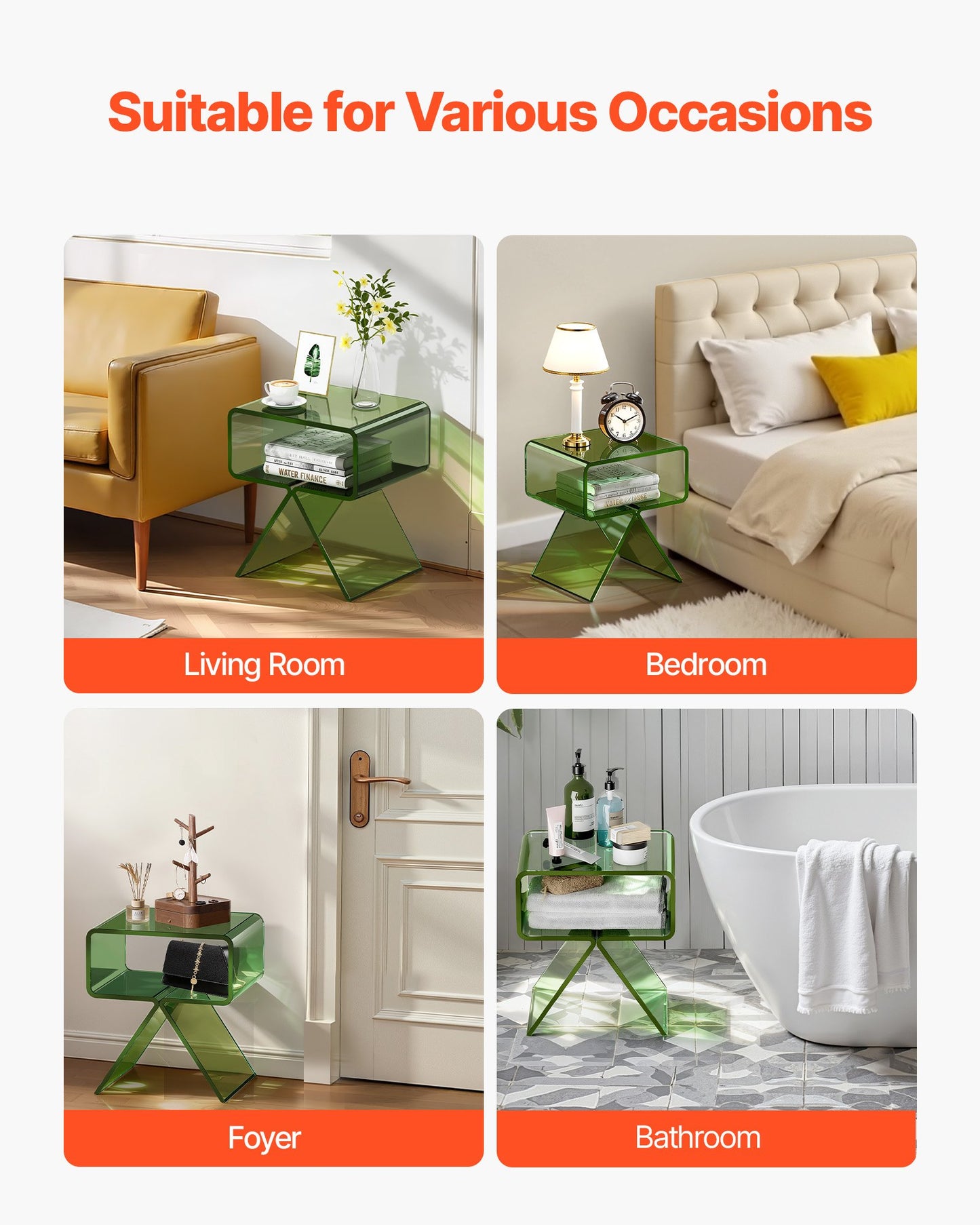 Nachttisch aus Acryl, moderner, transparenter Nachttisch mit Ablagefach, kleiner Beistelltisch für Wohnzimmer, Schlafzimmer, Wohnaccessoires, keine Montage erforderlich, 30 x 39,1 x 43 cm (Grün)