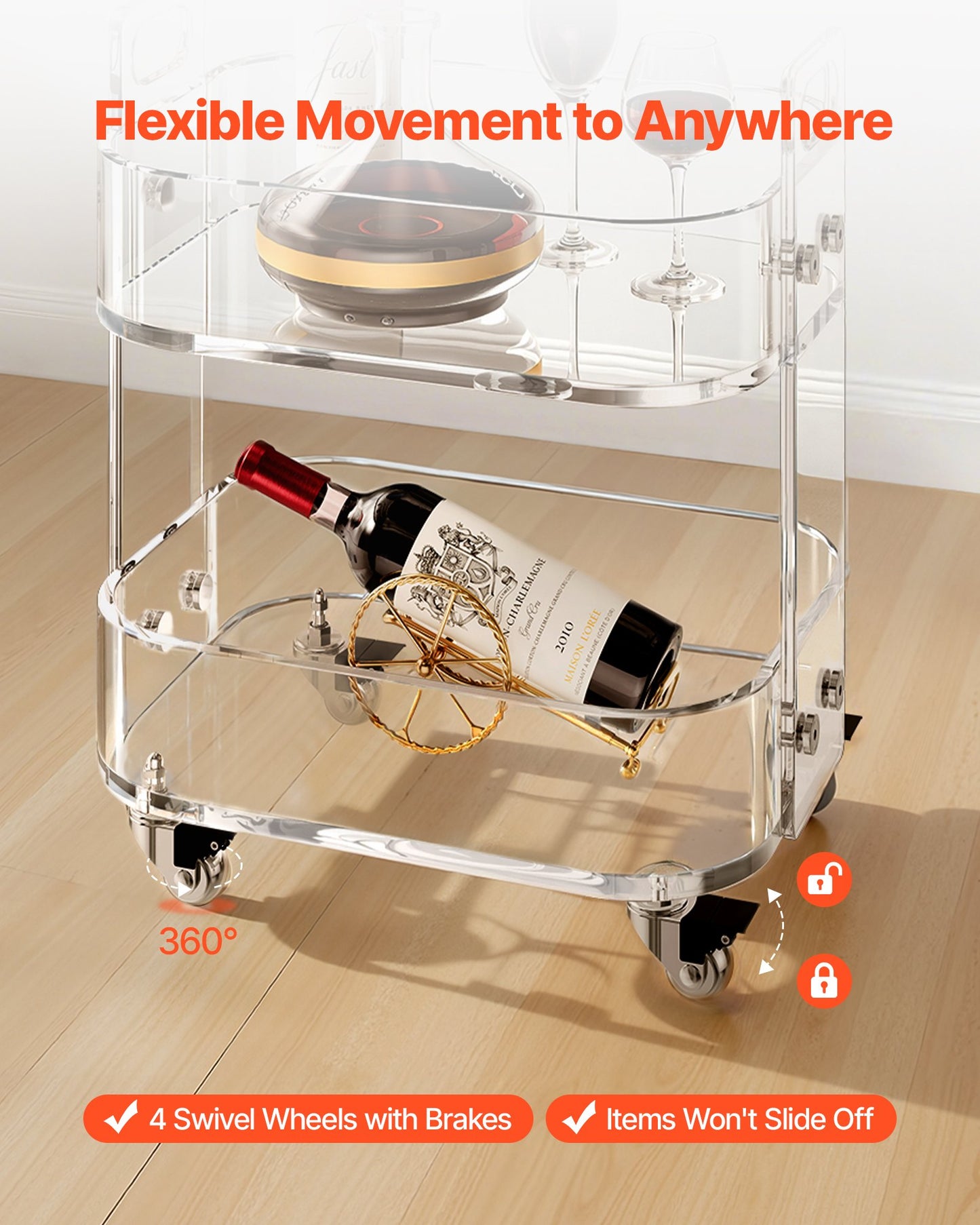 Acryltisch mit Rollen, 2-stöckiger mobiler Beistelltisch, moderner rollbarer Acryl-Schreibtisch mit Stauraum, transparenter Nachttisch/Beistelltisch, für Wohnzimmer, Schlafzimmer, Bar, Büro, 30,5 x 41,6 x 48 cm (transparent)